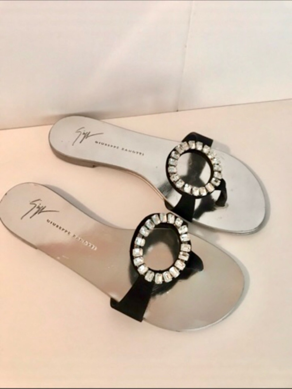 Giuseppe Zanotti Black Leather Slides with Silver Crystal Oval Buckles